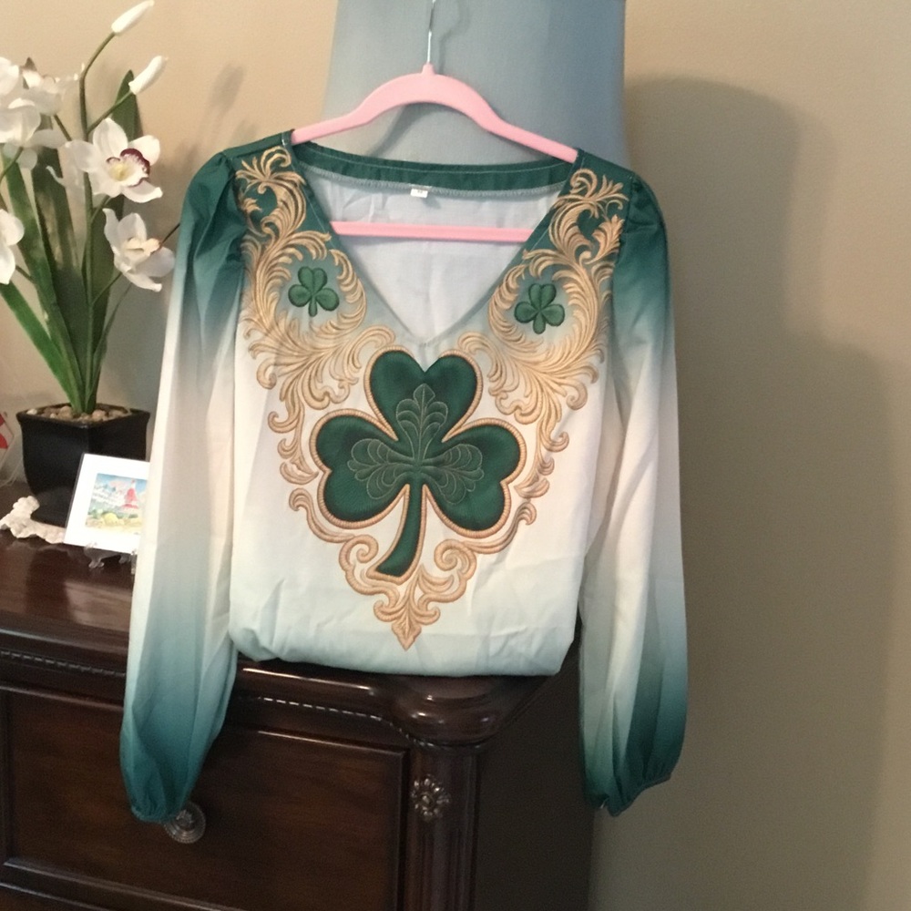 Women’s Green Ombre Shamrock V-Neck Blouse with Gold Embroidery Look